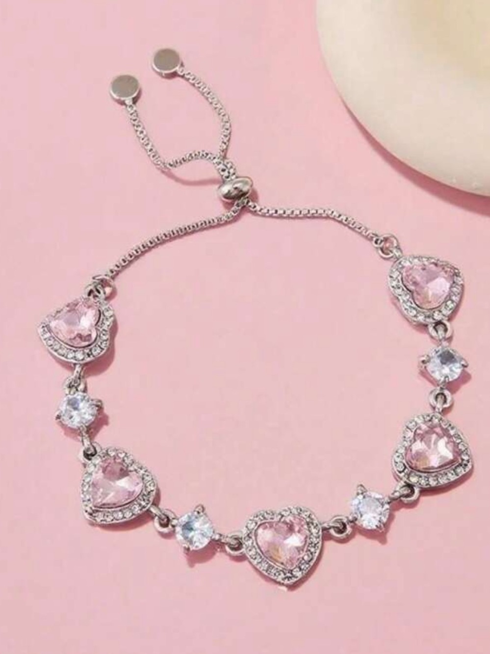 Sterling Silver Heart Bracelet with Pink Crystals